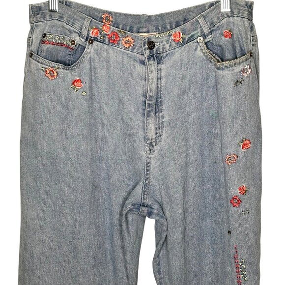 Vintage Boho Embroidered Floral Wide Leg Hight Waist Jeans Womens 14 Cottage - Picture 1 of 14